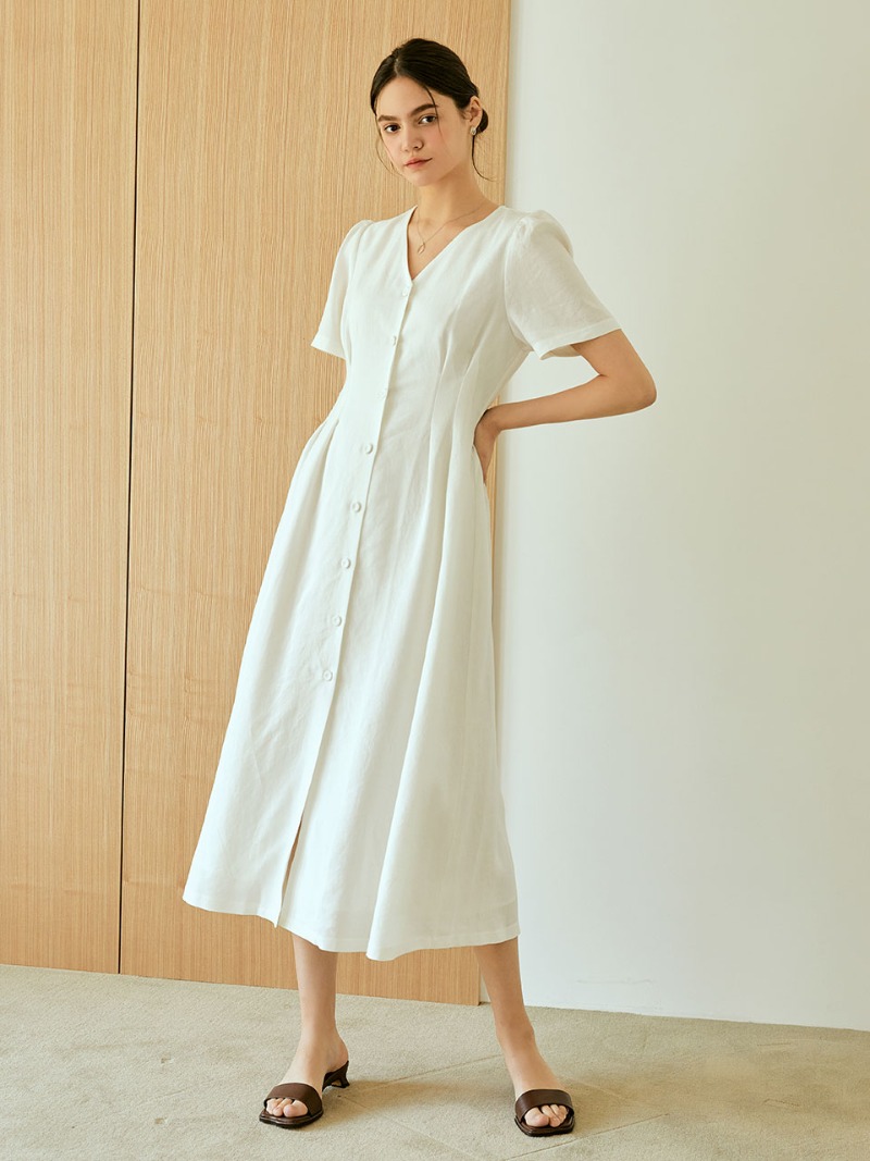 pintuck button linen long dress (white)