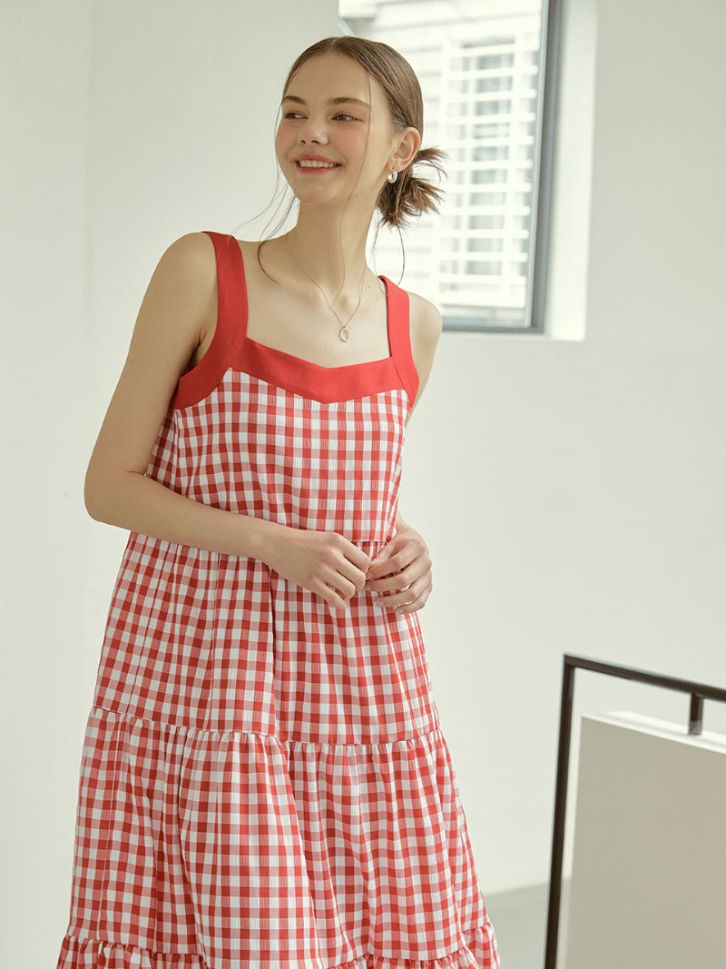 summer check sleeveless long dress(red)
