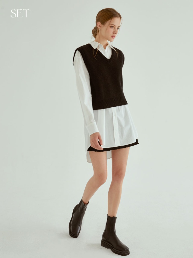 [SET] Simple Wool Knit Vest(Black) + Milk shirts ops[white]
