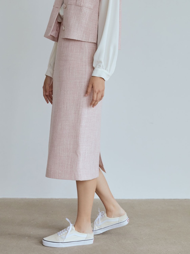 Slit tweed skirt (pink)