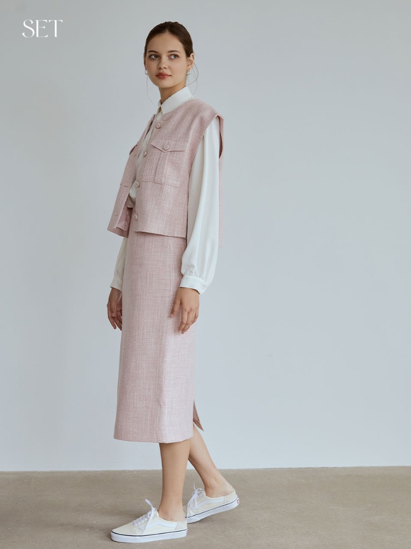 [SET] two pocket tweed vest (pink) + Slit tweed skirt (pink)