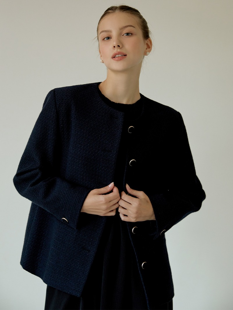 Non-collar tweed jacket (navy)