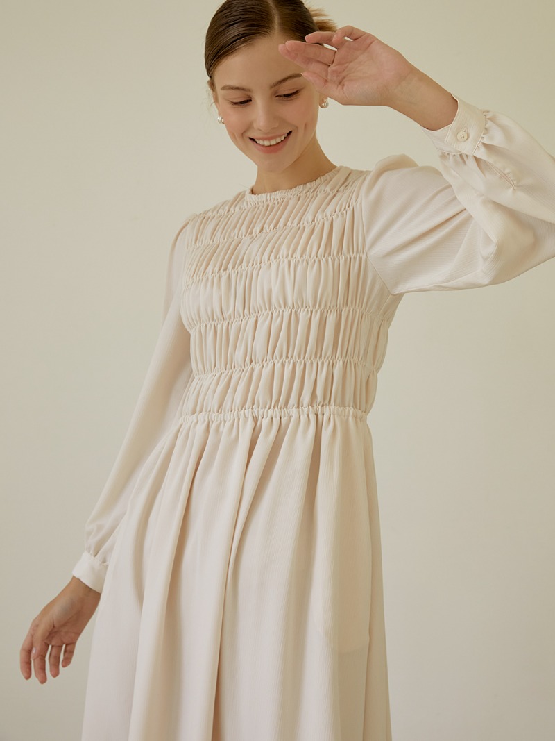 Romantic Shirring Long Dress(Ivory)