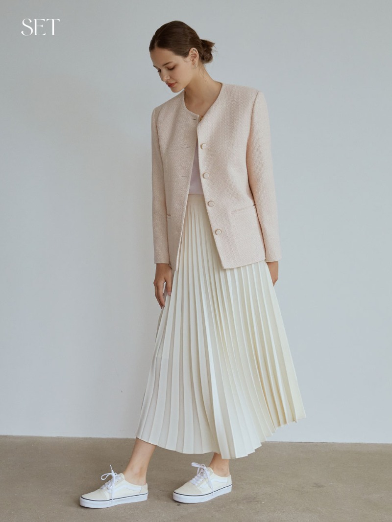 [SET] Non-collar tweed jacket (pink) + Cherish pleats long skirt[ivory]