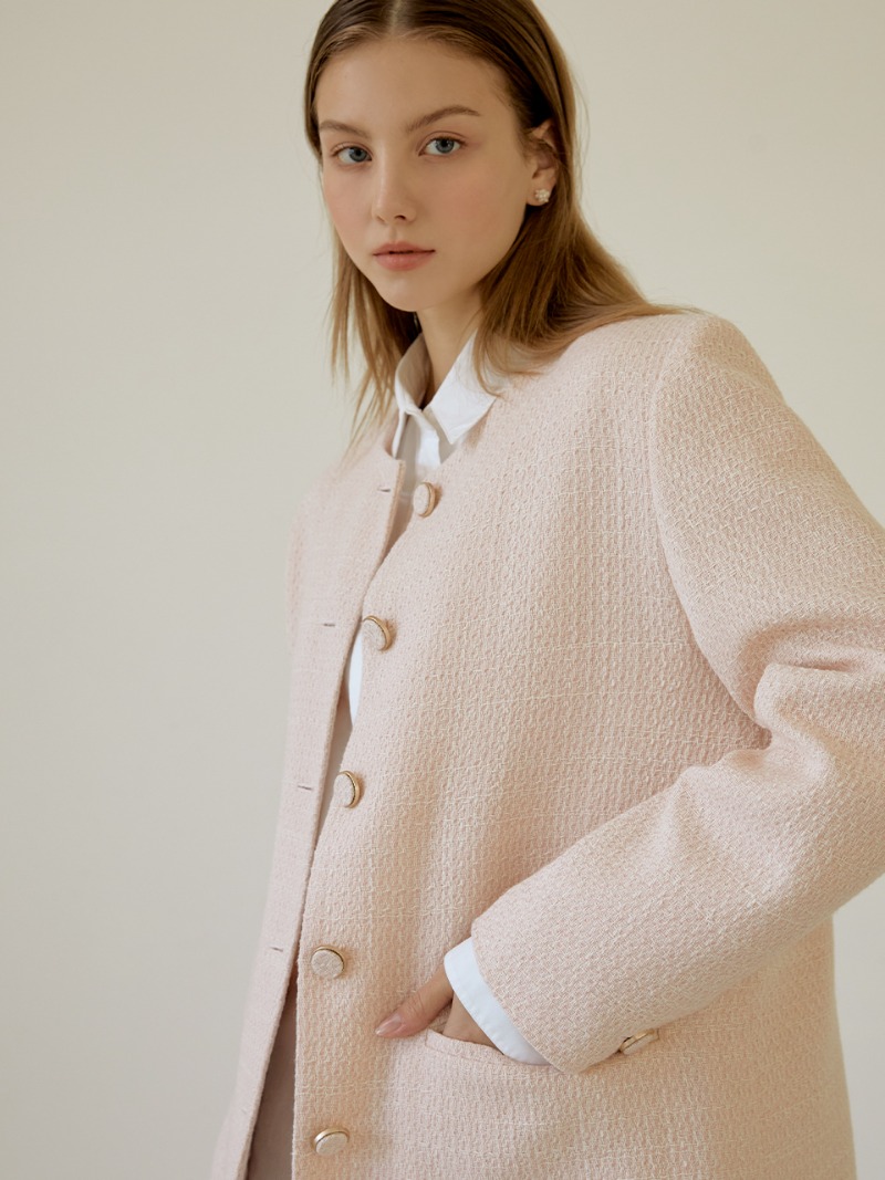 Non-collar tweed jacket (pink)