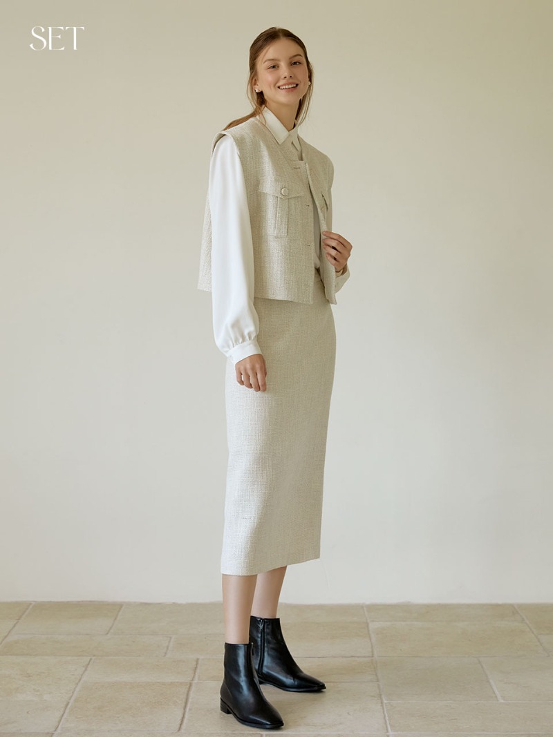 [SET] two pocket tweed vest (ivory) + Slit tweed skirt (ivory)