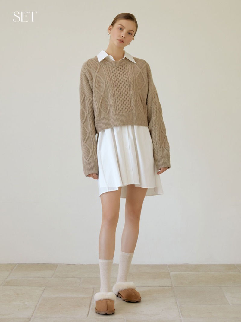 [SET] Cable crop round wool knit (beige) +  Layered Shirt Ops (White)