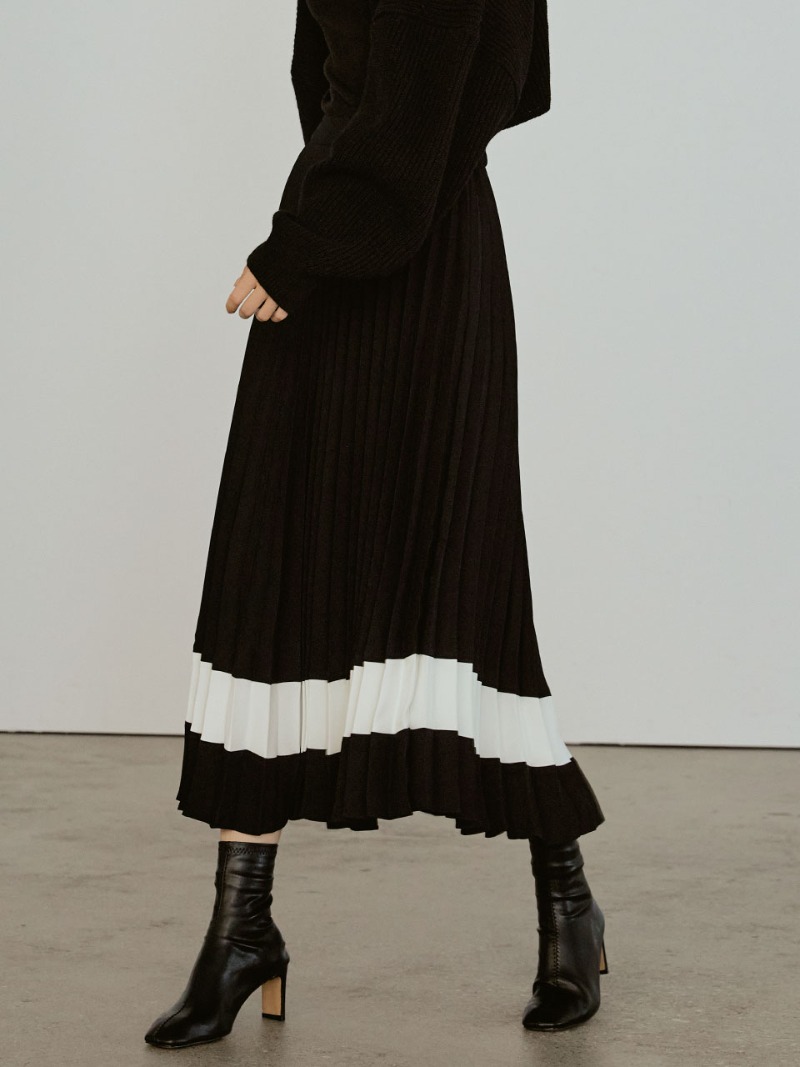Line point pleats long skirt (black)