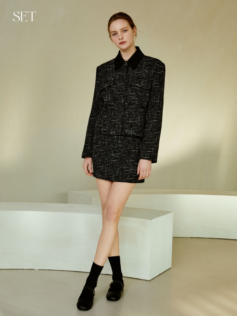 [SET] Collar point tweed jacket (black) + Line pocket tweed mini skirt (black)