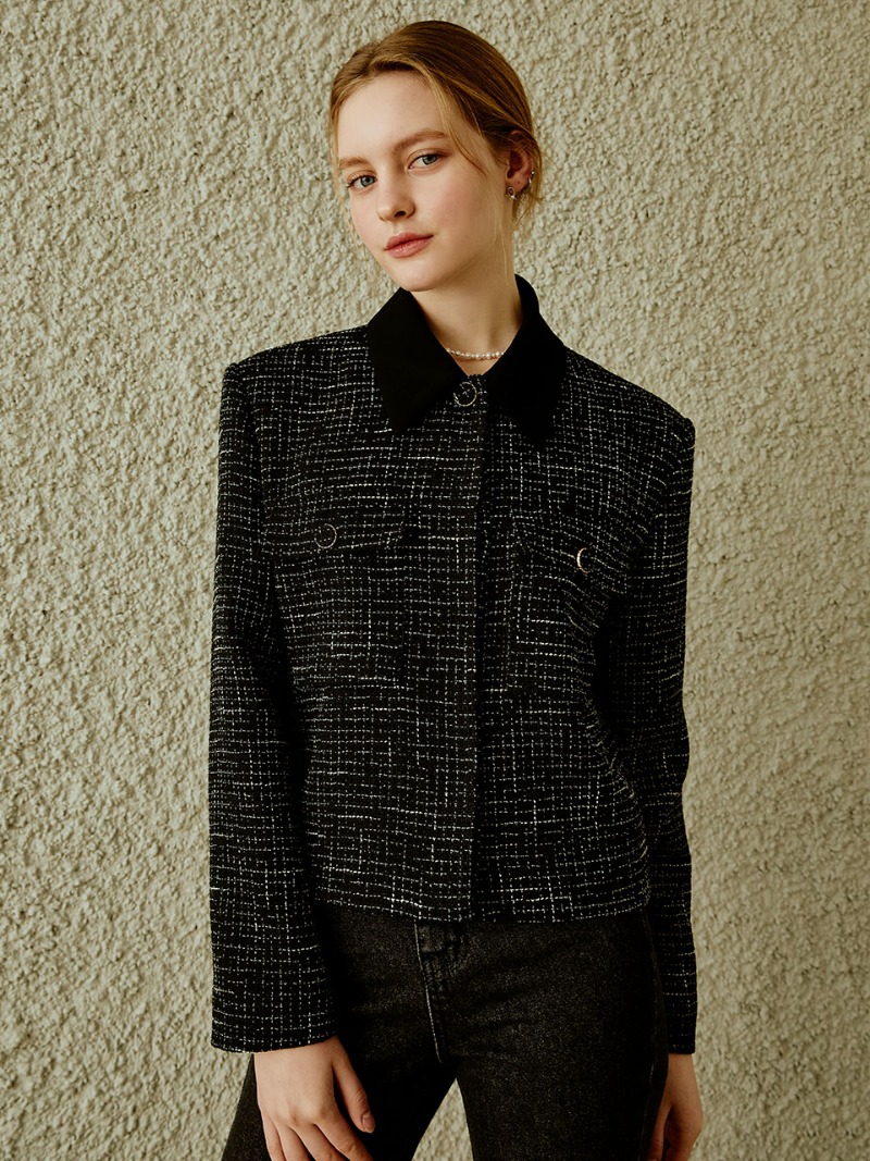 Collar point tweed jacket (black)