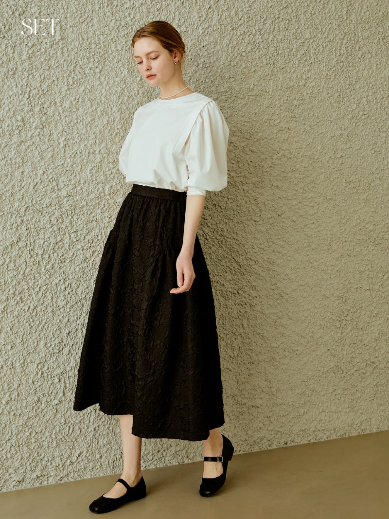 [SET] Cotton volume blouse (white) + Shirring flare skirt (black)
