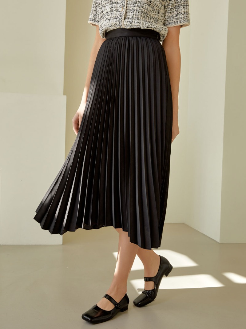 Unbalance pleats long skirt (black)