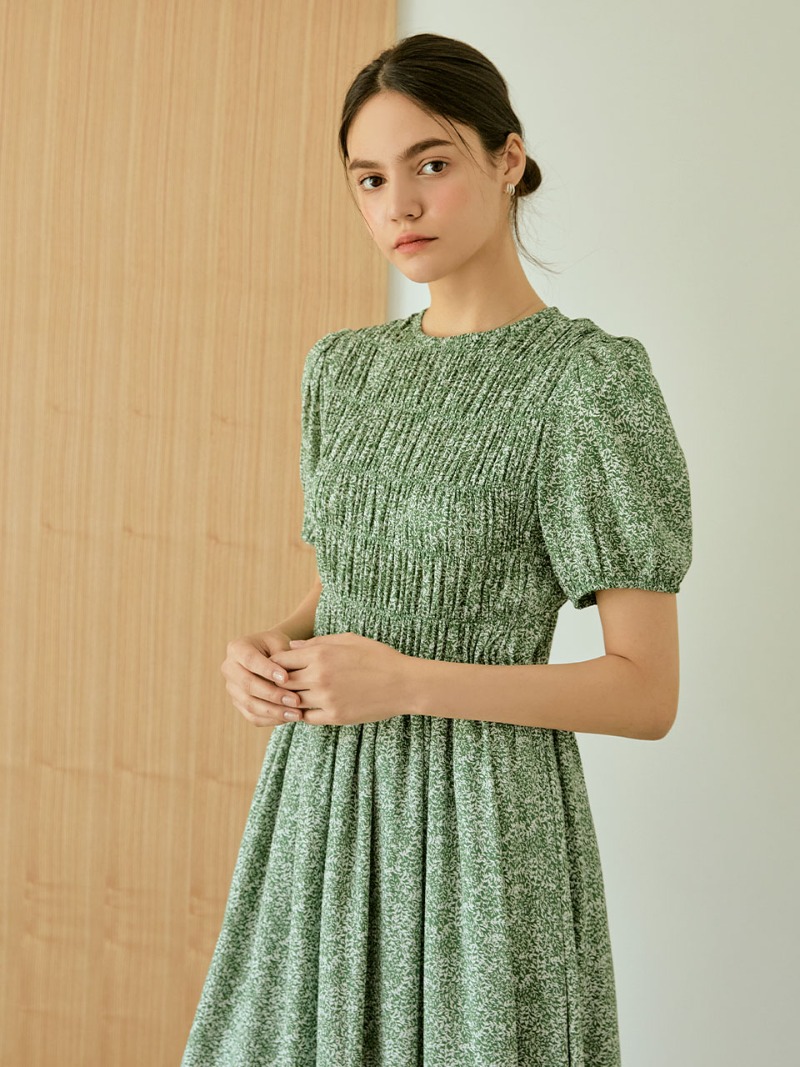 Pattern shirring long dress (green)