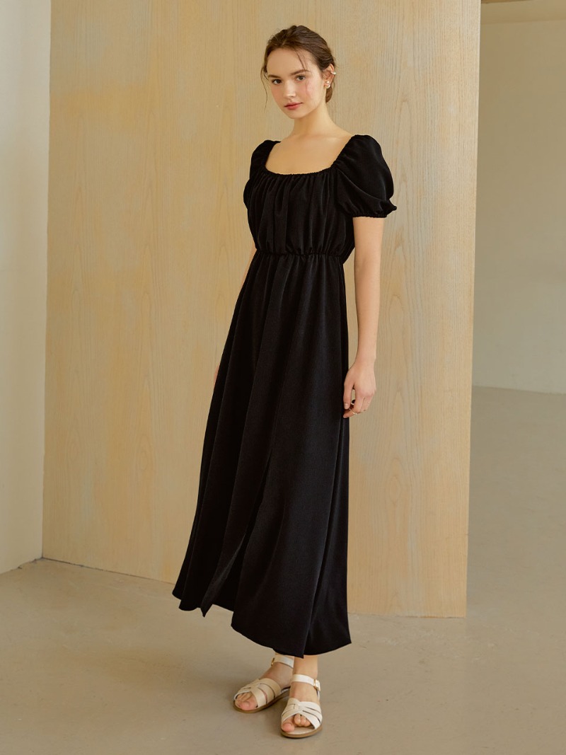 Ribbon slit long dress (black)