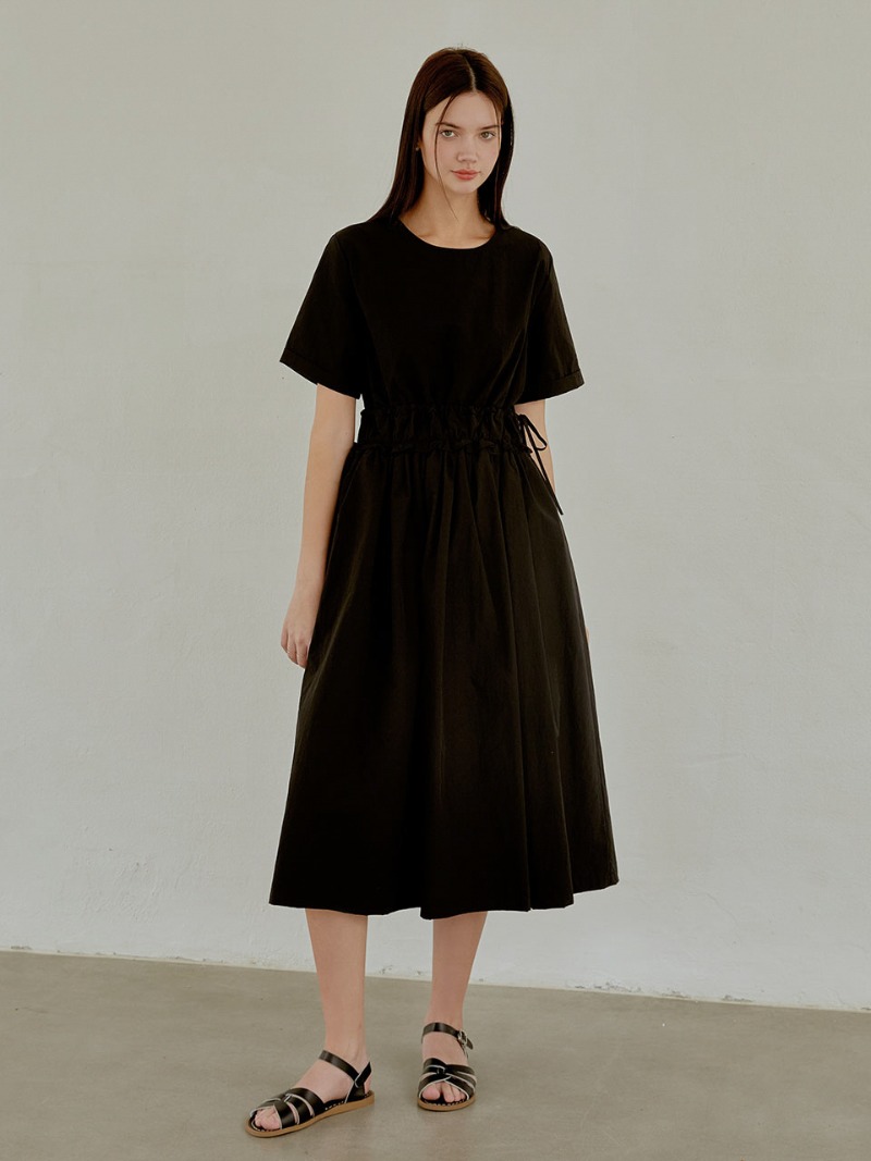 Daily shirring long dress (black)