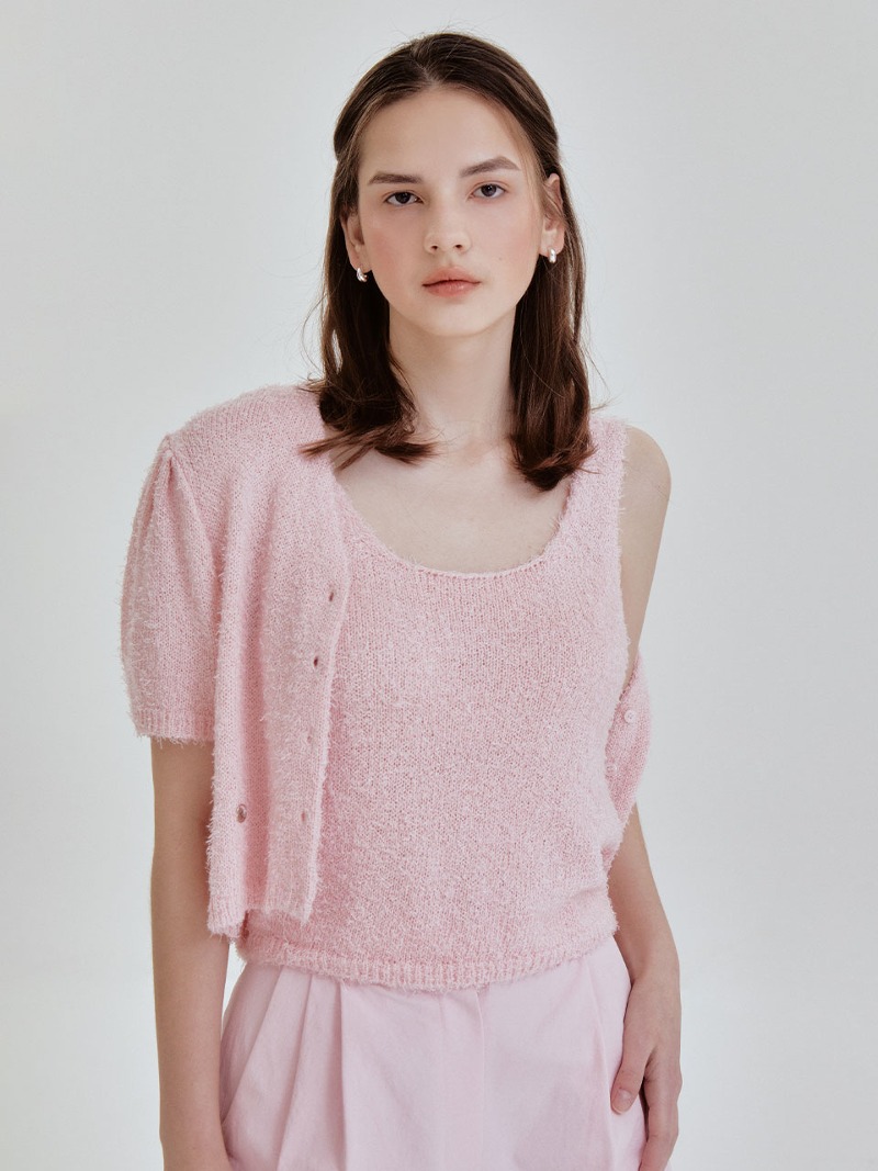 Fluffy knit cardigan set (pink)