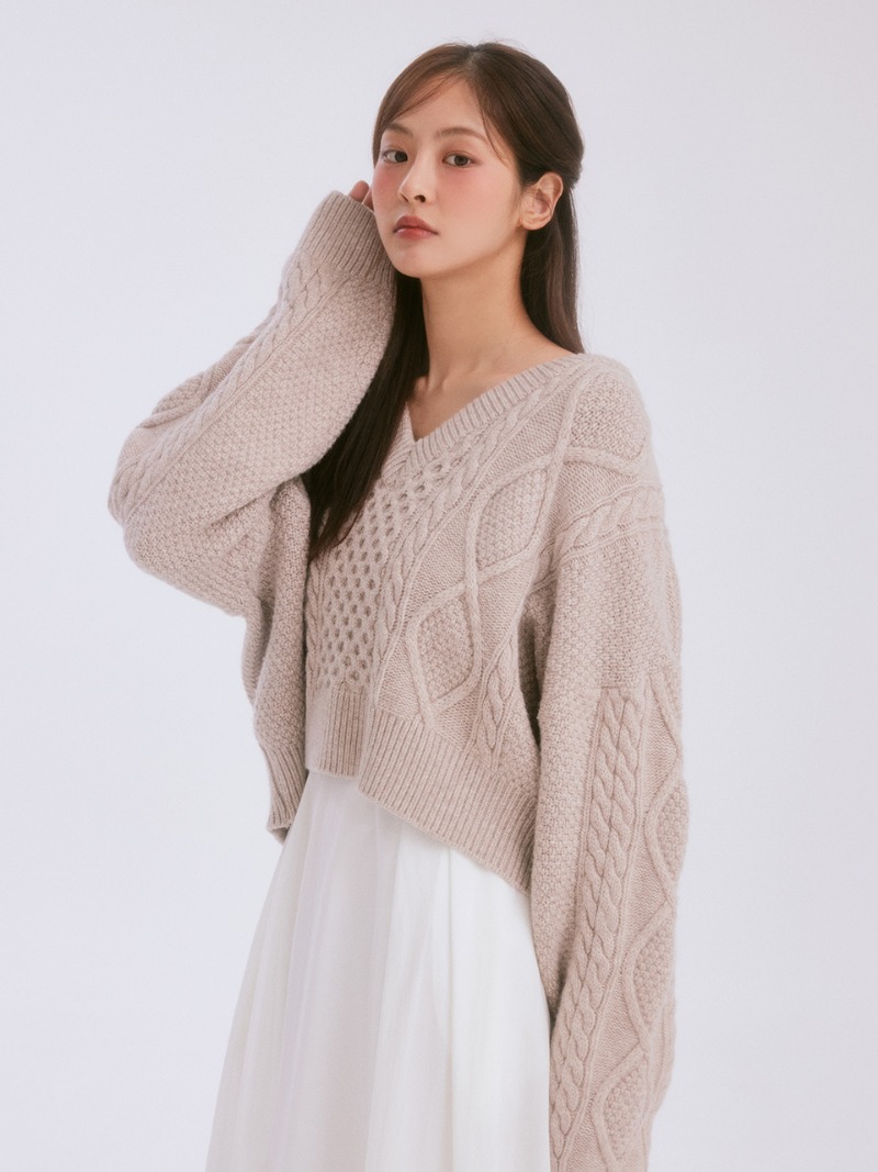 Cable crop wool knit (beige)