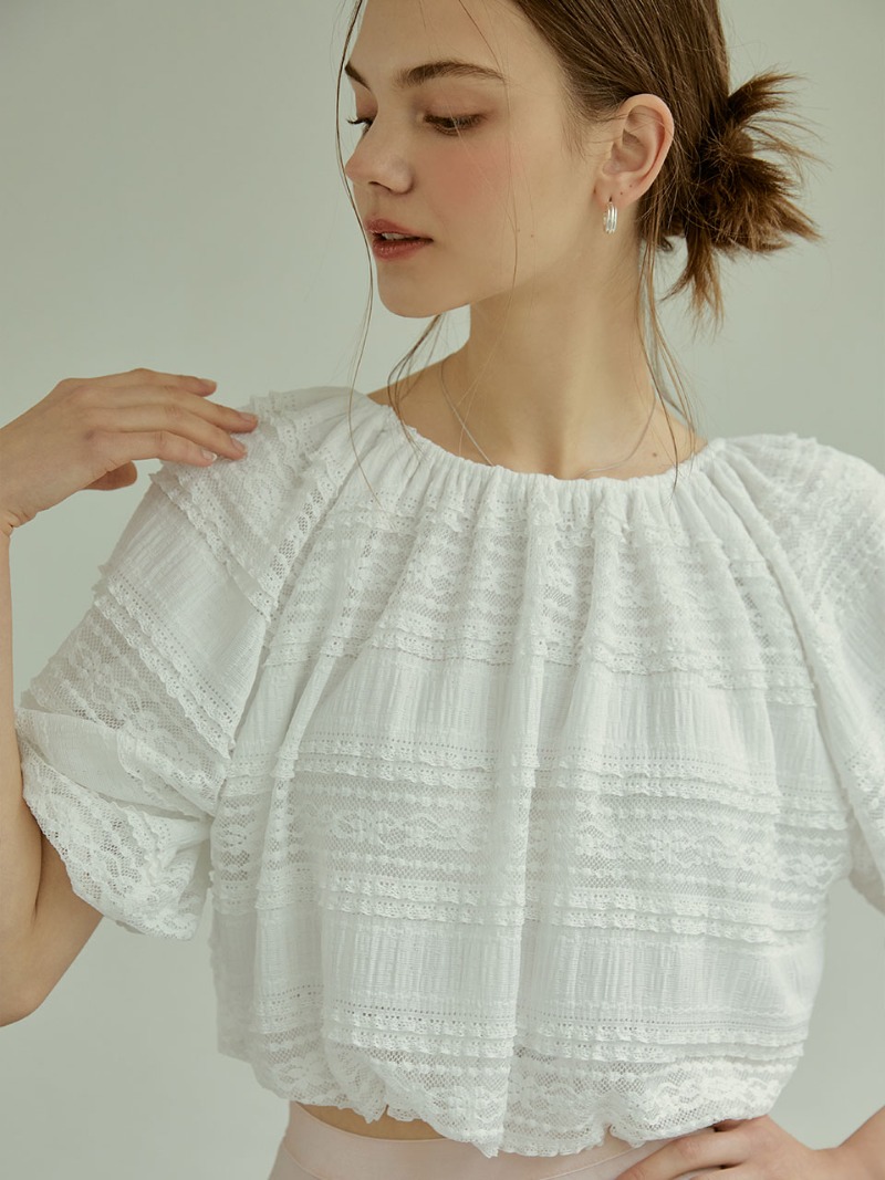 lace shirring crop blouse(white)