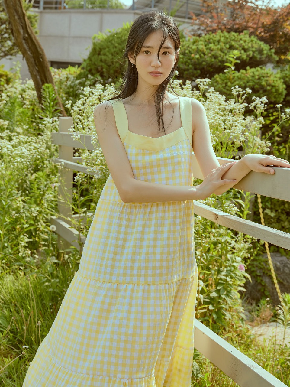summer check sleeveless long dress(yellow)