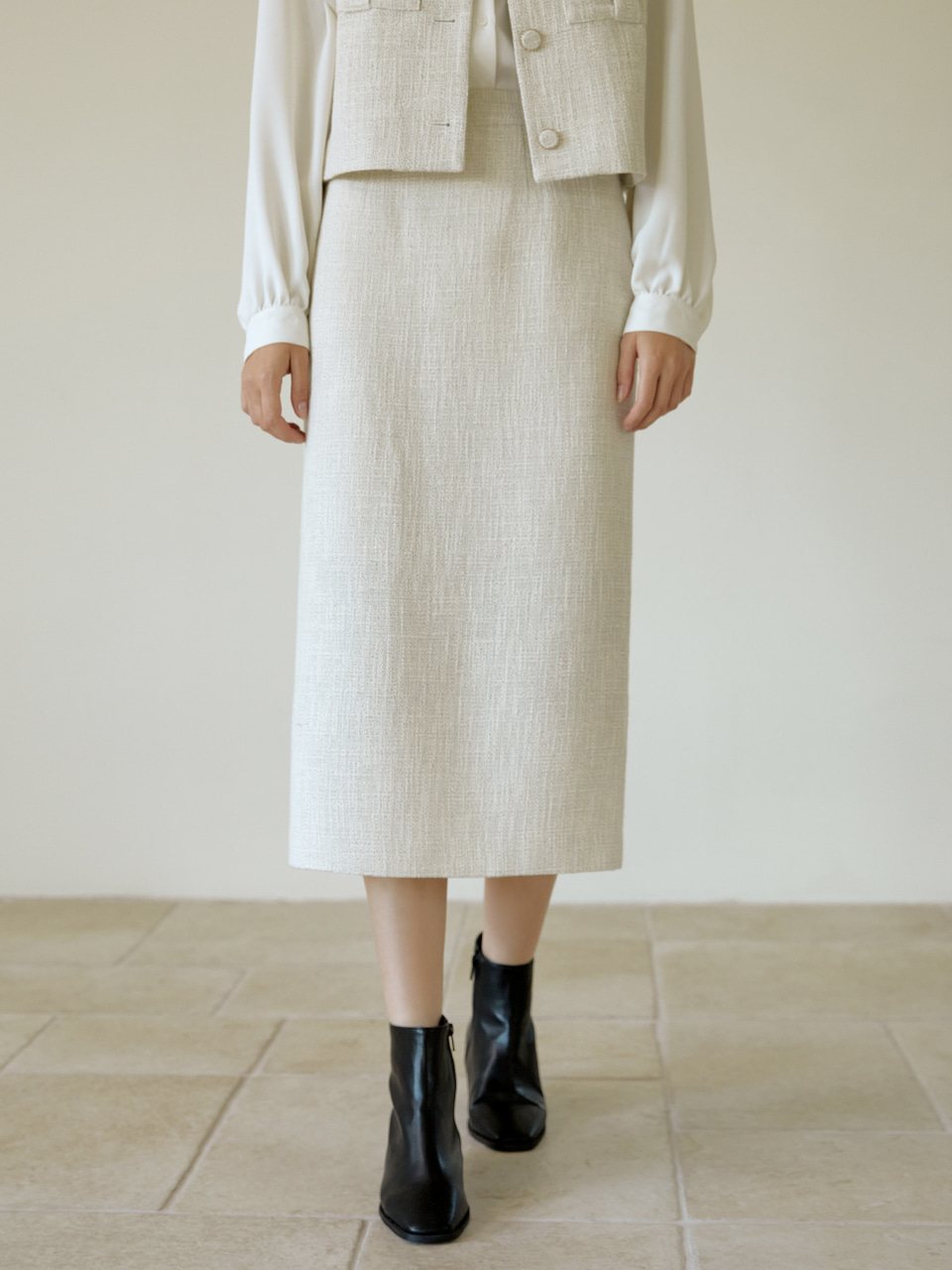 Slit tweed skirt (ivory)