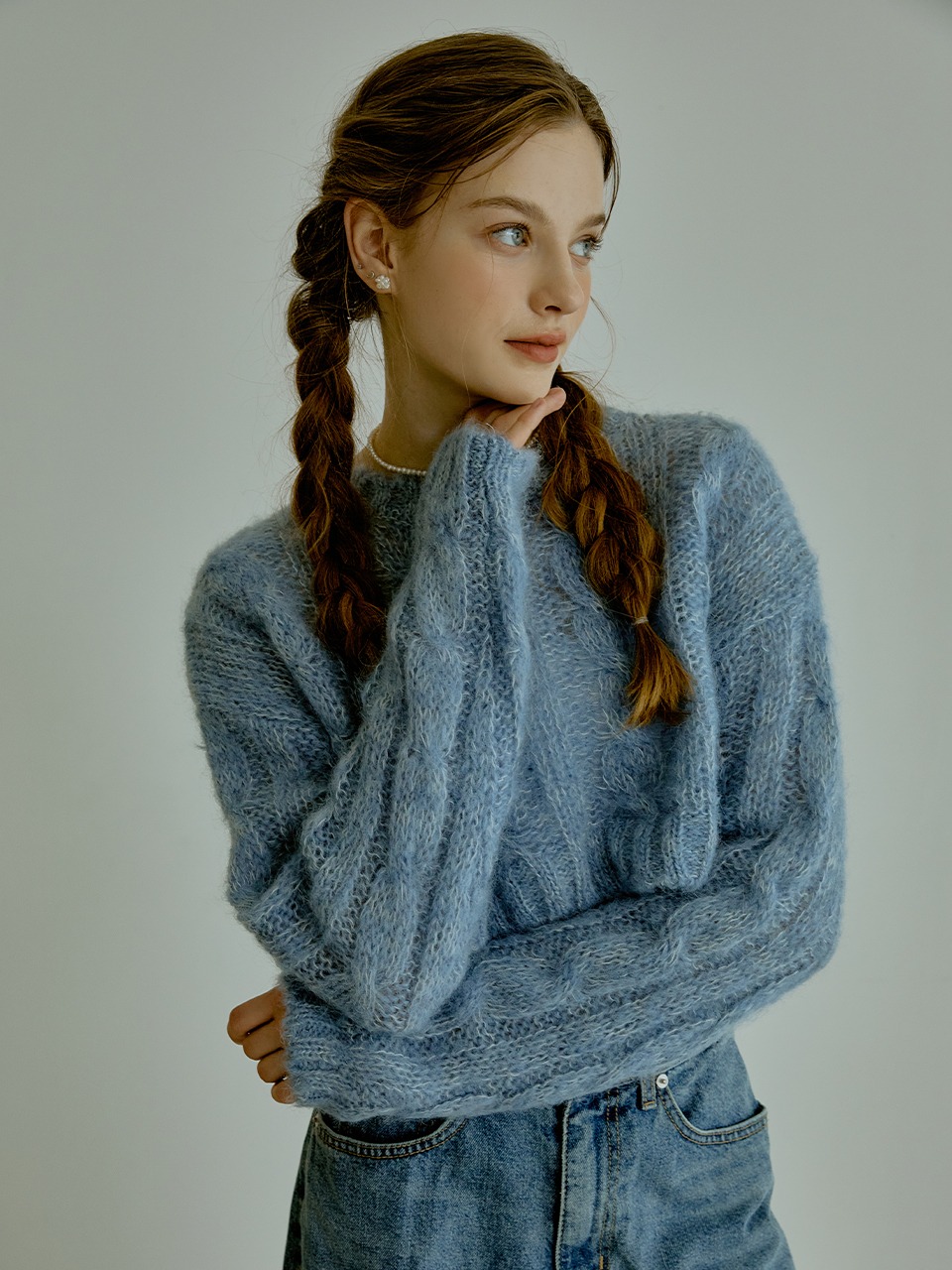 Mohair cable crop knit (blue)