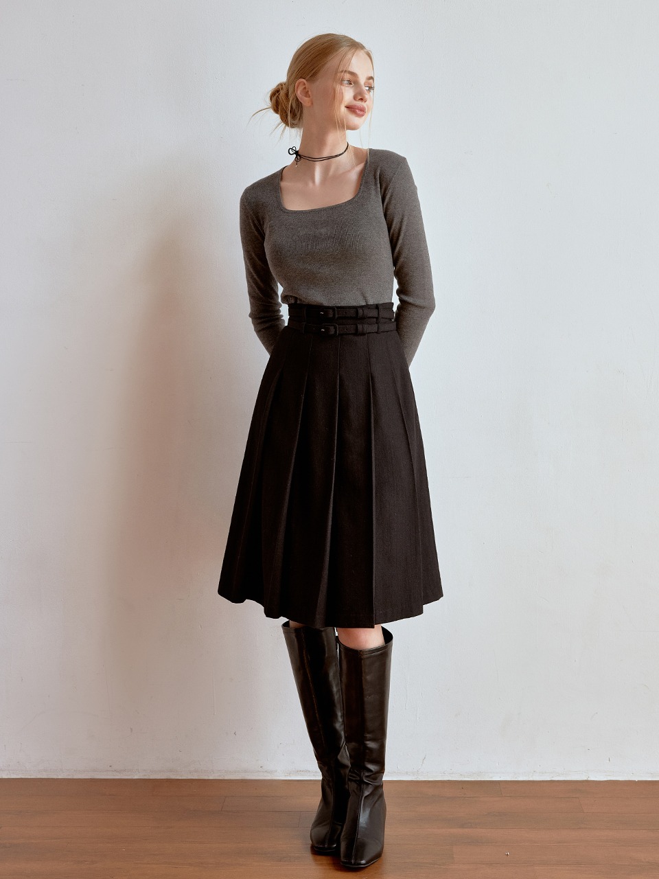 Mute wool pleats skirt (black)